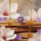 Ästhetische Aufnahme des lila Blumen-Rings Eden auf Holz mit Honig, Symbol für Naturverbundenheit und süße Entspannung.