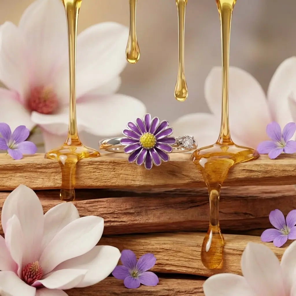 Ästhetische Aufnahme des lila Blumen-Rings Eden auf Holz mit Honig, Symbol für Naturverbundenheit und süße Entspannung.