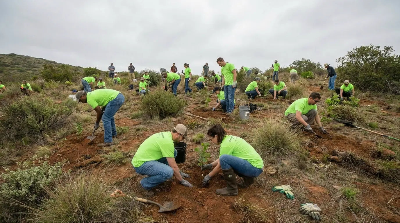 Team von Partner Ecologi beim Bäume pflanzen, soziale Mission von VÉYNOMA: Ein Baum für jede Bestellung
