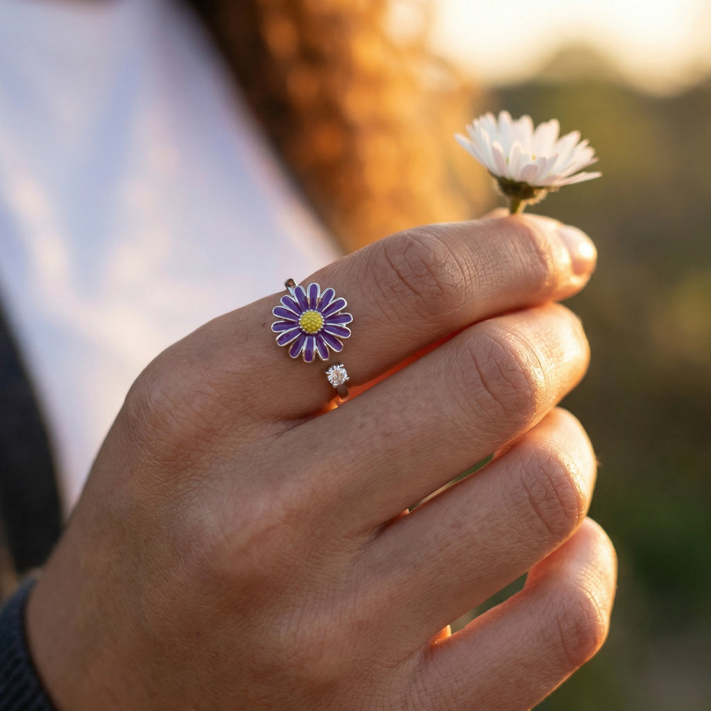 Hand einer Frau trägt den verstellbaren Eden Spinner Ring im Sonnenuntergang und hält eine kleine Blume, emotionales Schmuckbild.
