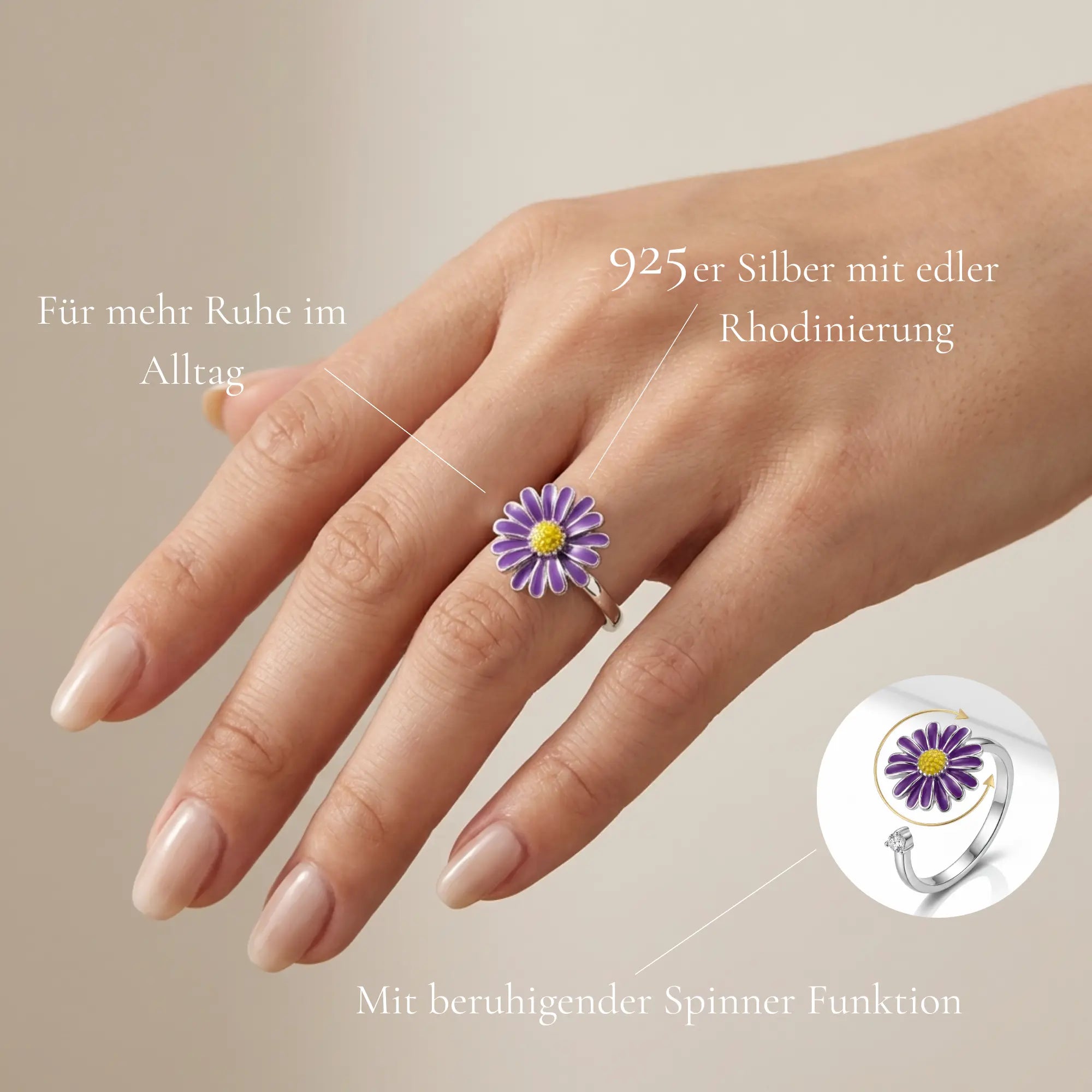 Infografik Eden Ring: Zeigt beruhigende Spinner-Funktion der lila Blume, 925er Silber mit Rhodinierung für mehr Ruhe im Alltag.