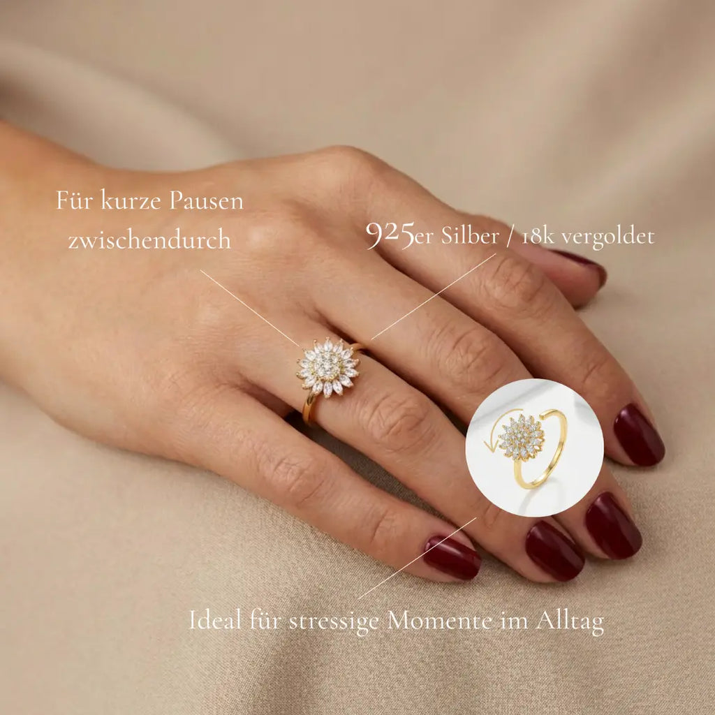 Infografik Lux Ring: Zeigt drehbare Blüten-Funktion für kurze Pausen, 925er Silber und 18k Vergoldung gegen Stress im Alltag.