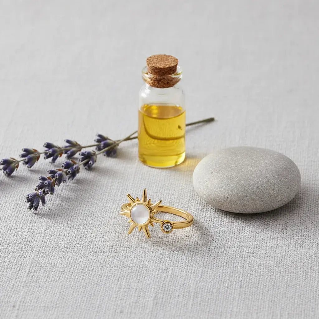 Wellness-Atmosphäre Hintergrundbild für VÉYNOMA Shop-Vorteile: Lavendel und Öl symbolisieren Entspannung und Premium-Qualität der Anti-Stress Ringe.
