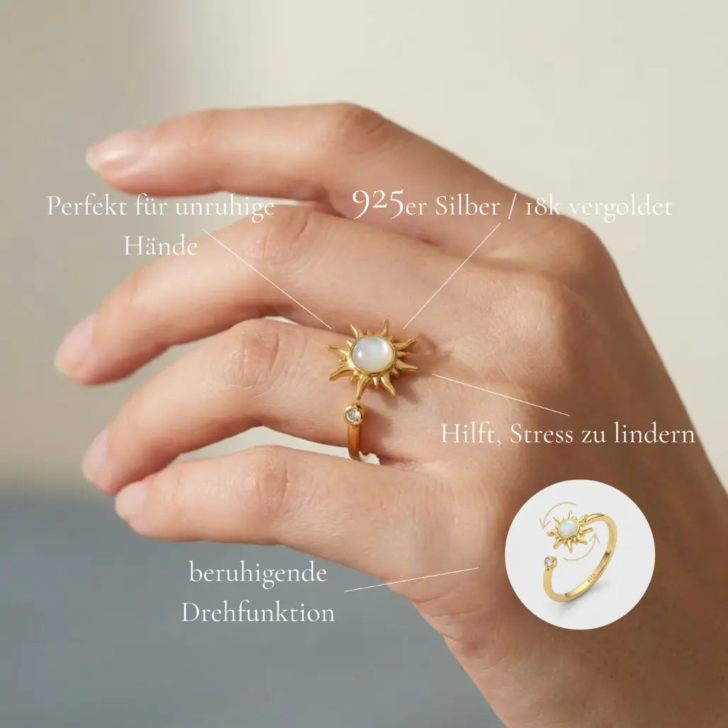 Erklärung der Funktionen des VÉYNOMA Spinner Rings: beruhigende Drehfunktion, 925er Silber, 18k vergoldet, hilft Stress zu lindern.