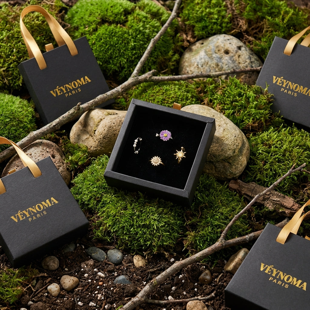 Geöffnete VÉYNOMA Schmuckbox mit Ringen und schwarze Geschenktüten mit Gold-Logo, präsentiert auf grünem Moos als Symbol für Eco-Luxury.