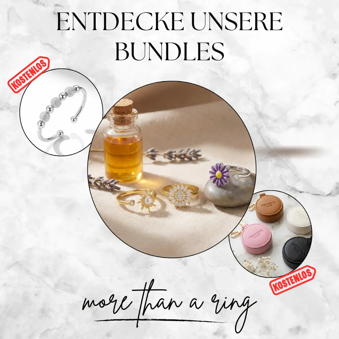 VÉYNOMA Schmuck-Bundles Übersicht: Exklusive Sets aus Anti-Stress Ringen (Silber & Gold) und gratis Vault-Täschchen, mehr als nur ein Ring.