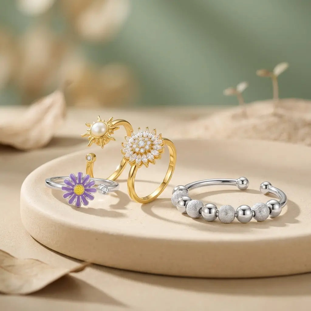  Übersicht aller VÉYNOMA Anxiety Ringe (Nivia, Aurelia, Lux, Eden) auf einem beigen Naturstein. Zeigt die Vielfalt der verstellbaren Gold- und Silberringe im Detail.