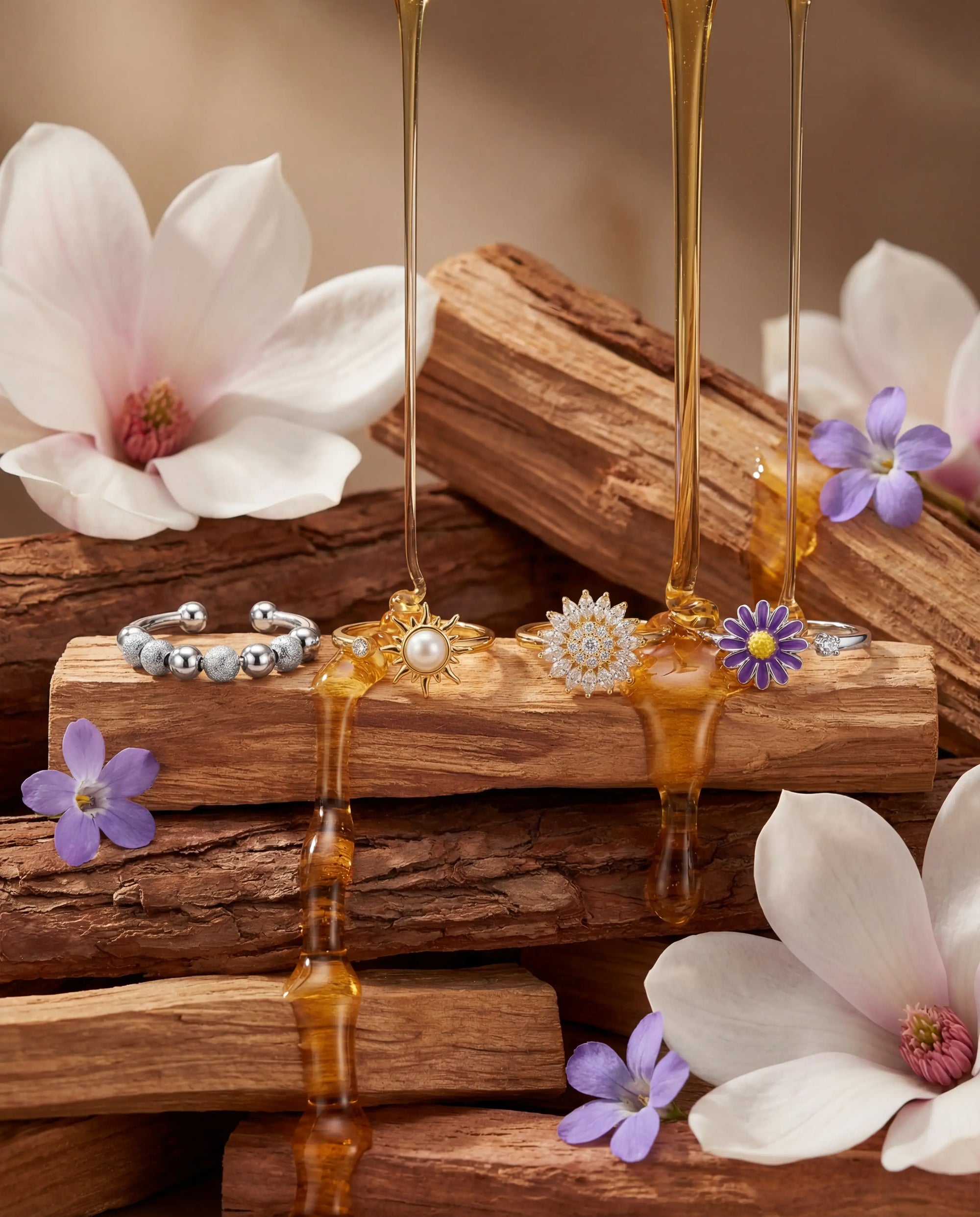 Die komplette VÉYNOMA Kollektion (Nivia, Aurelia, Lux, Eden) auf Holz drapiert mit Honig-Textur, Wellness und Schmuck vereint.