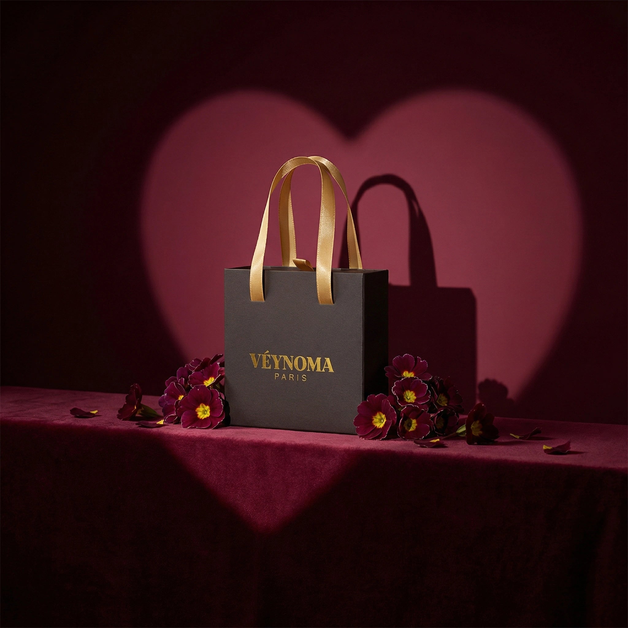 Geschenkverpackung für Schmuck: VÉYNOMA Tasche auf bordeauxfarbener Oberfläche mit Blüten.