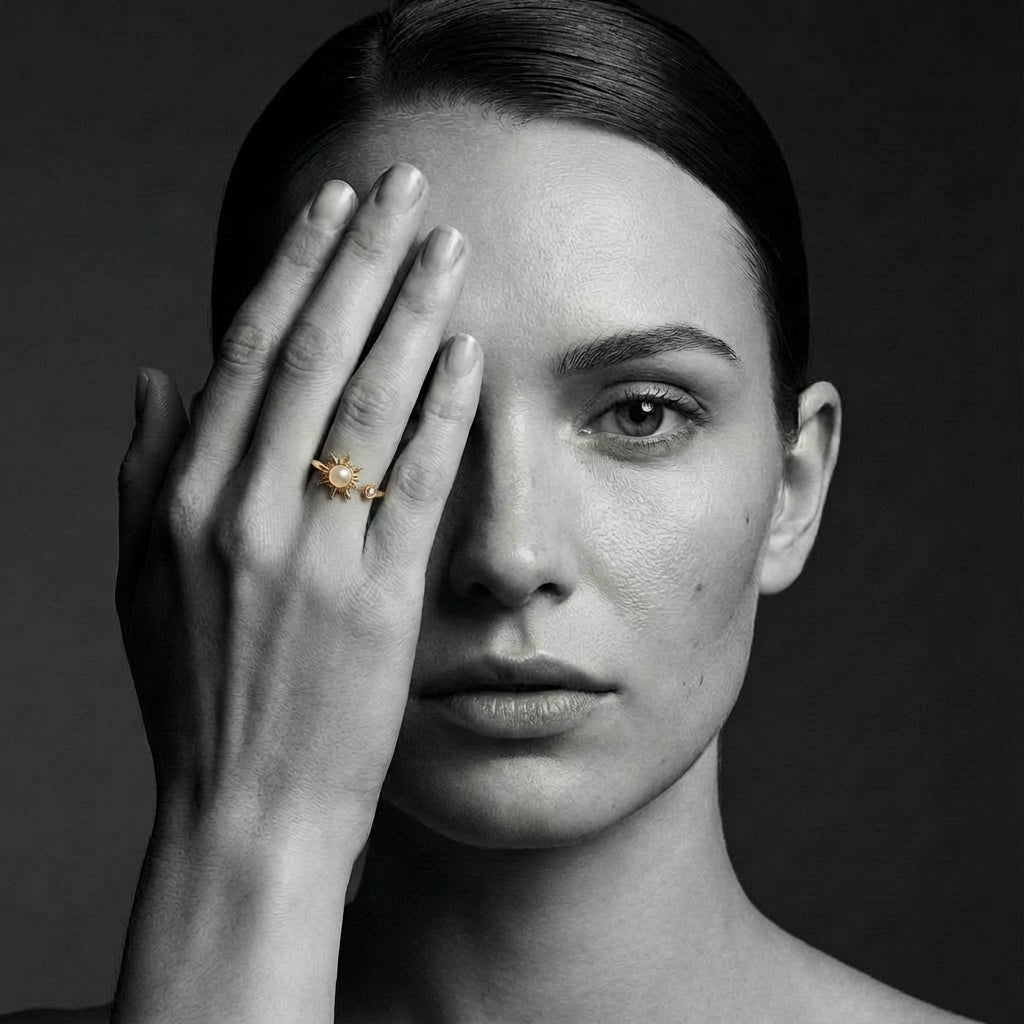 Elegantes Model trägt den goldenen VÉYNOMA Aurelia Spinner Ring am Ringfinger, ästhetische schwarz-weiß Fotografie für stilvolle Achtsamkeit.